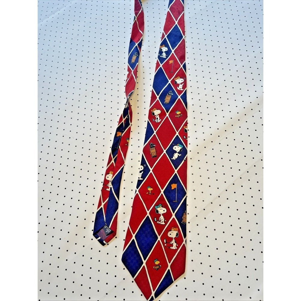 Vintage Peanuts Snoopy Golf Tie 100% Silk Red Blue Argyle Woodstock Necktie